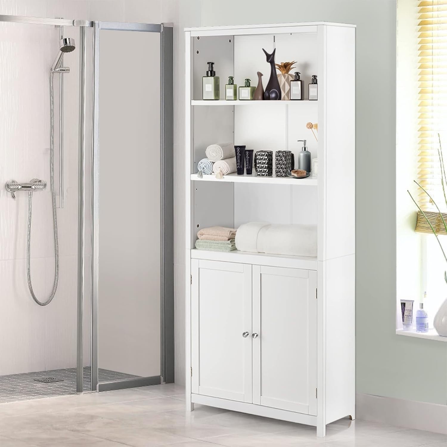 White Wooden Storage Cabinet with 3 Open Shelves & 2 Doors for Home