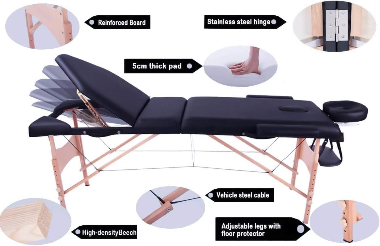 Portable 3 Section Massage Table Foldable Beauty Therapy Bed Adjustable 60cm