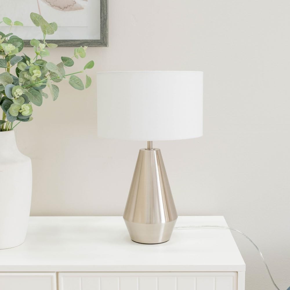 Silver Touch Dimmer Table Lamp White Drum Shade Bedside LED Light