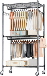 Heavy Duty 3-Tier Double Rod Clothes Rail with Wheels – Black 205cm