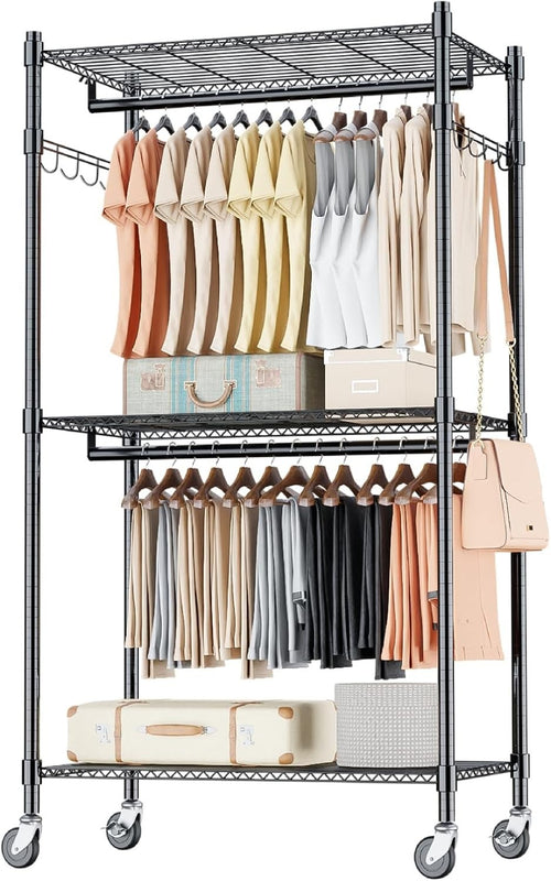 Heavy Duty 3-Tier Double Rod Clothes Rail with Wheels – Black 205cm