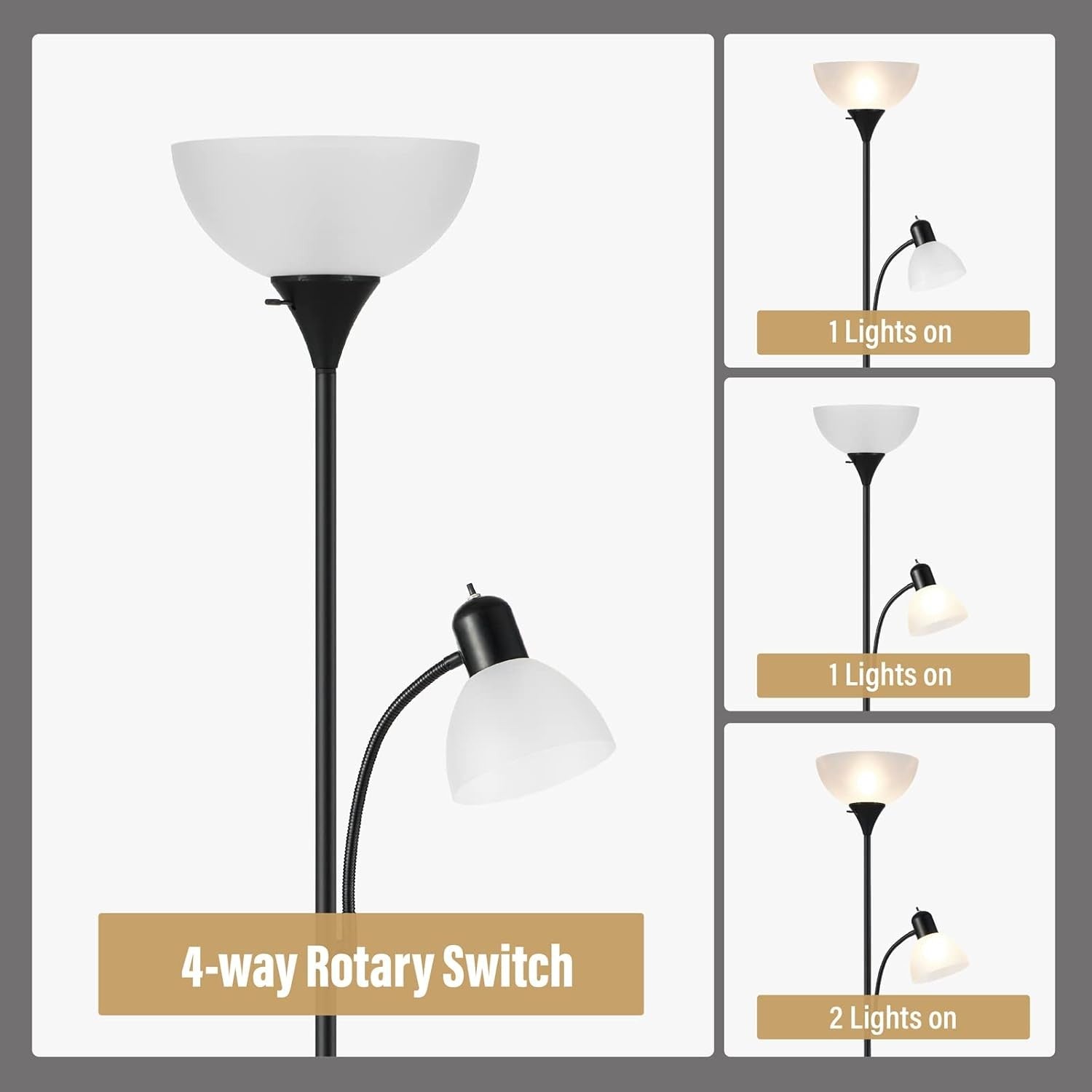 2 Head Floor Lamp with Reading Light Black White Shade Tall Standing Lamp 68"