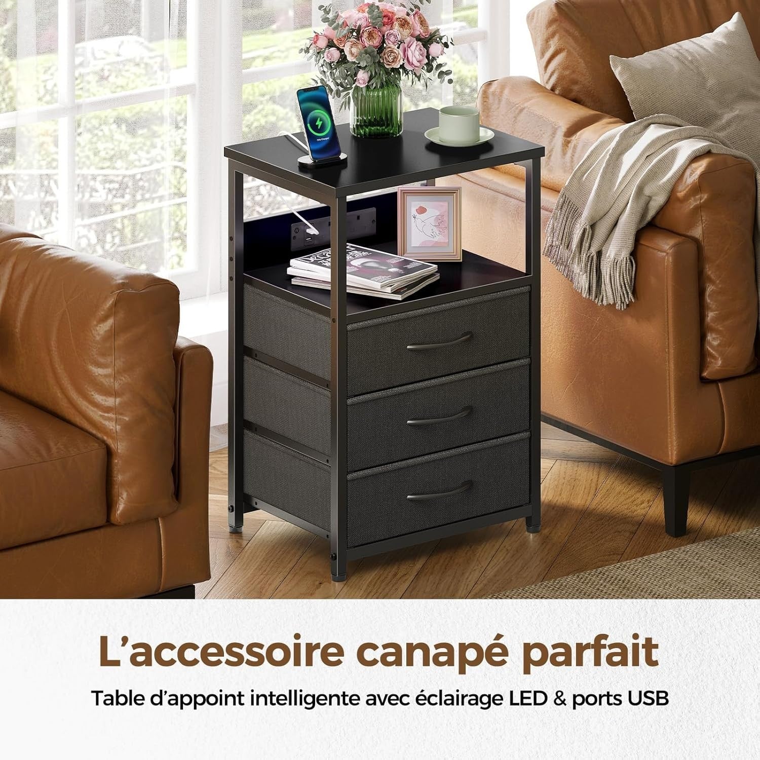 Set of 2 Black LED Bedside Tables with USB Charging | 3-Drawer Nightstands