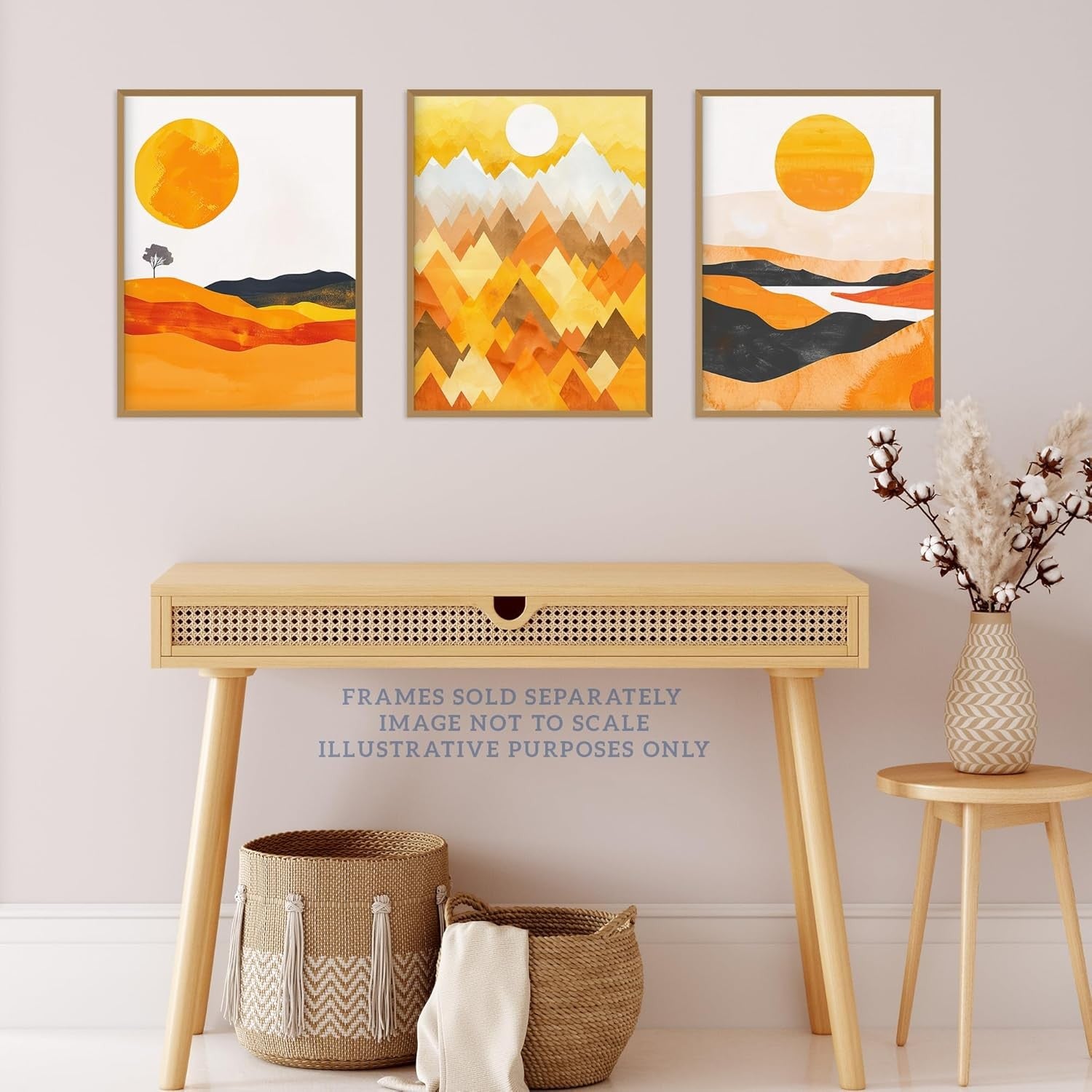 Set of 3 Orange Sunset Mountain Wall Art Prints 12x16 Modern Living Room
