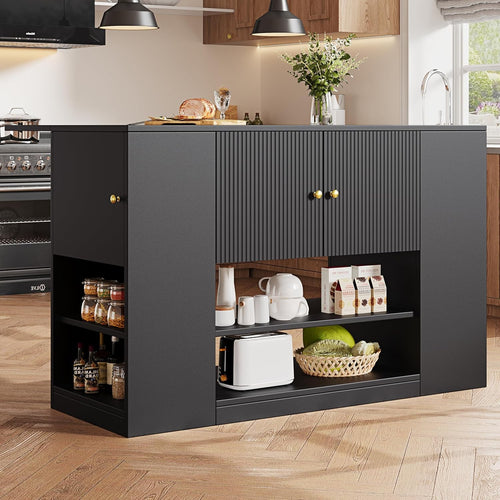 Kitchen Island with Fold Out Tabletop, Storage Cabinet & Shelves, Black