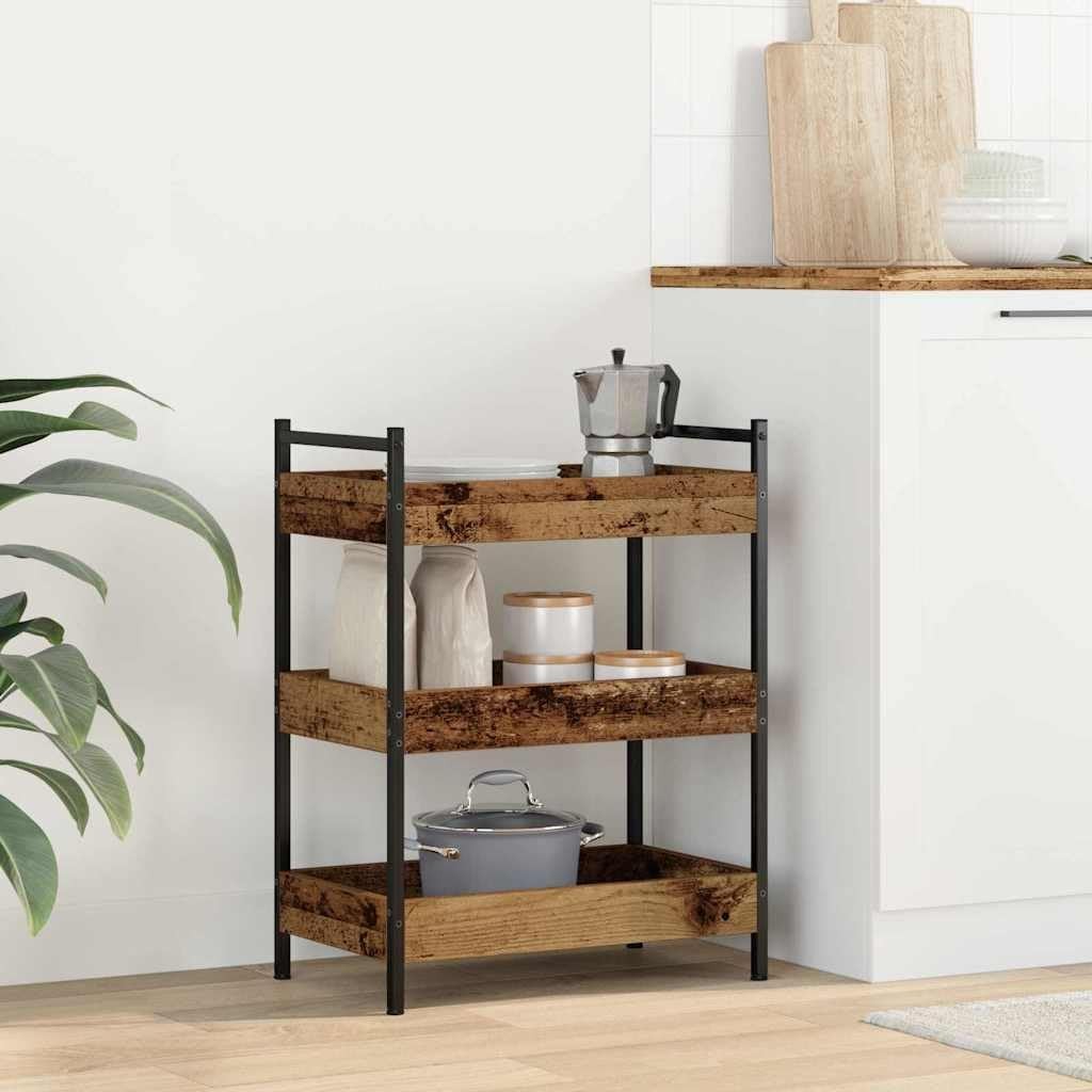 3 Tier Kitchen Trolley Rolling Storage Cart Industrial Wooden Shelves Wheels
