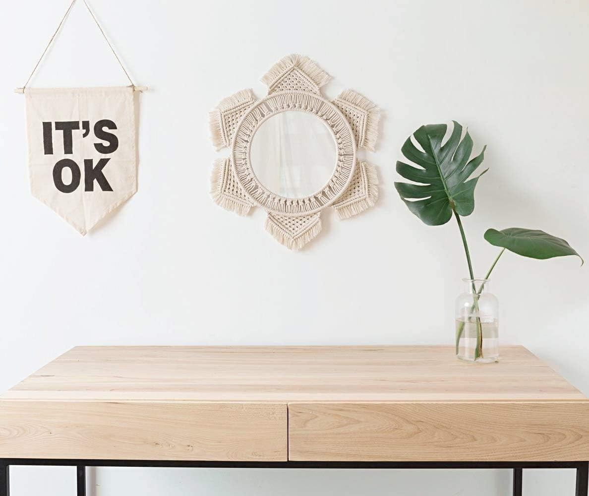 Boho Macrame Sunburst Wall Mirror – Round Cotton Hanging Decor