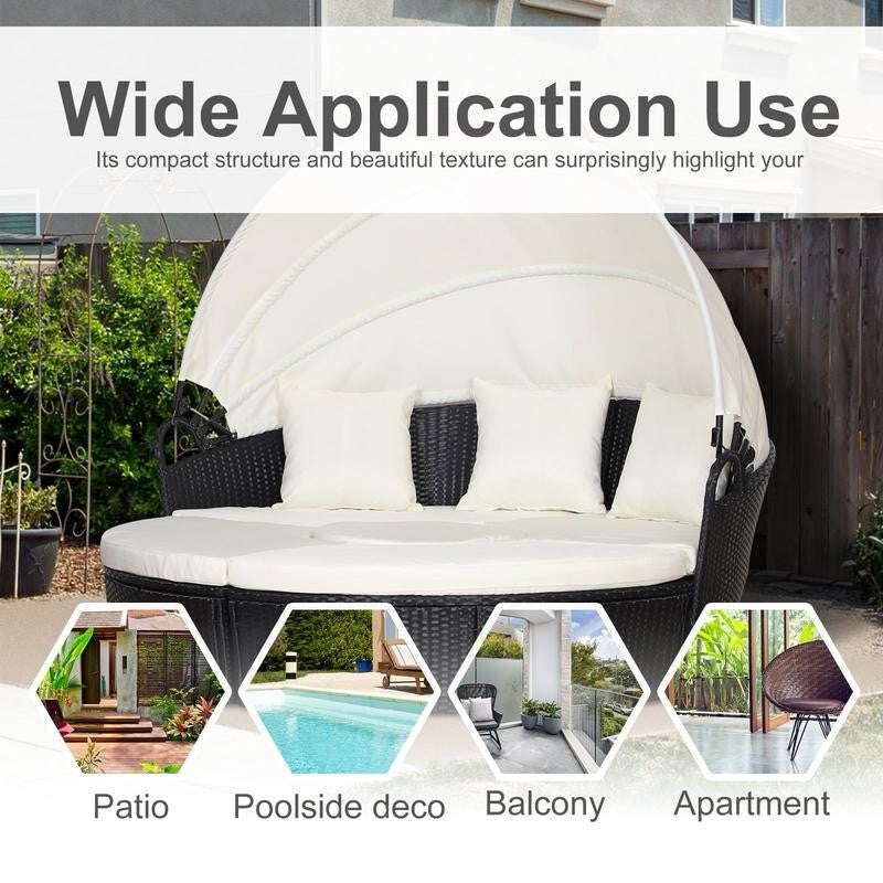 6 Seater Rattan Round Garden Sofa Bed Set with Canopy Table Cushions Black
