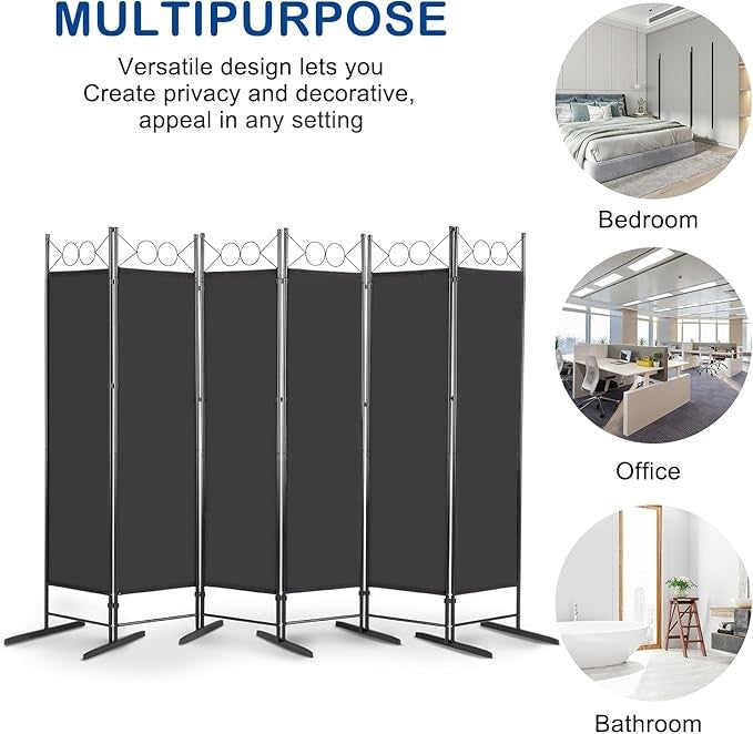 Black 6 Panel Room Divider 5.7FT Folding Privacy Screen – Portable Partition Wal