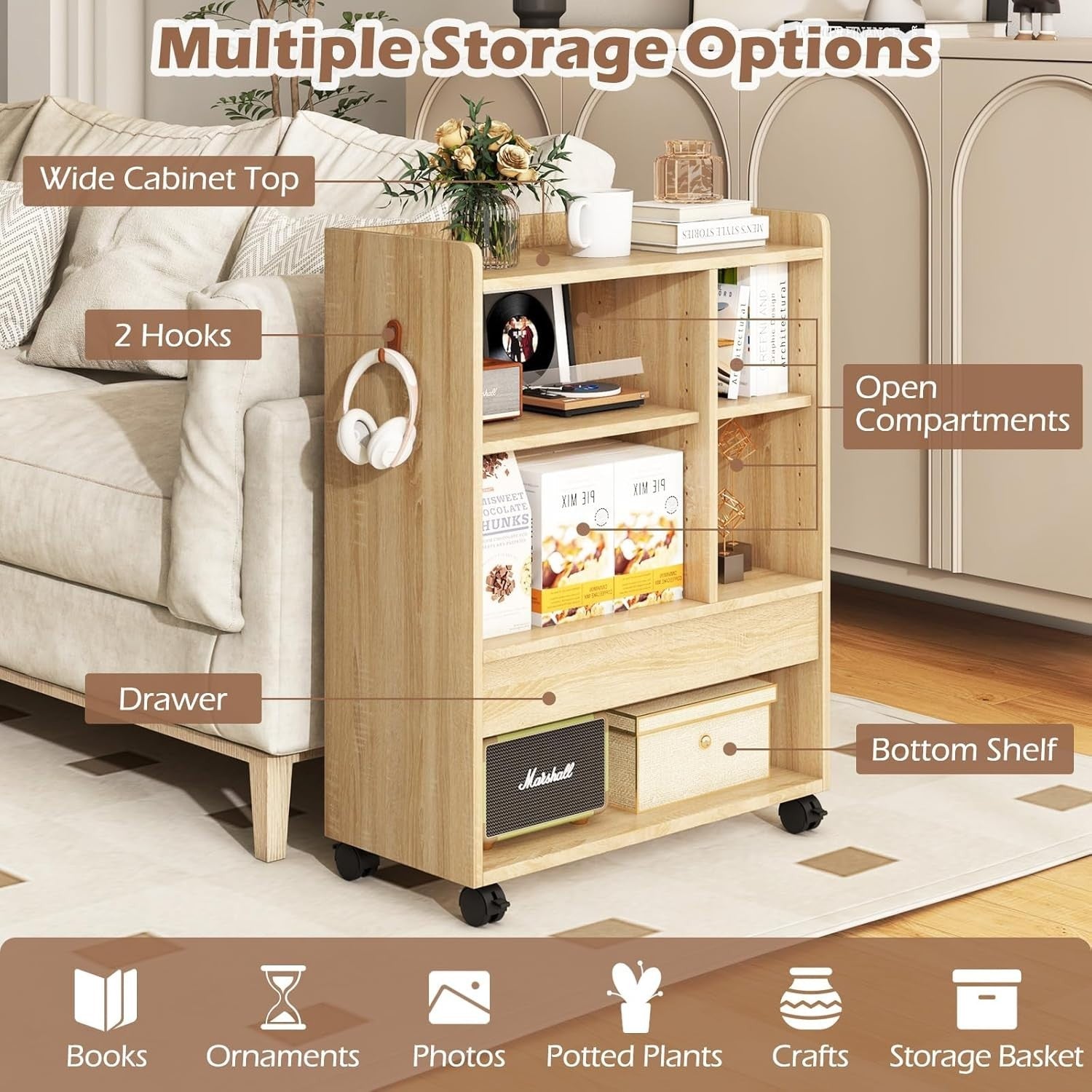 Mobile Bedside Table with Drawer & Shelves | Natural Wood Side Table on Wheels
