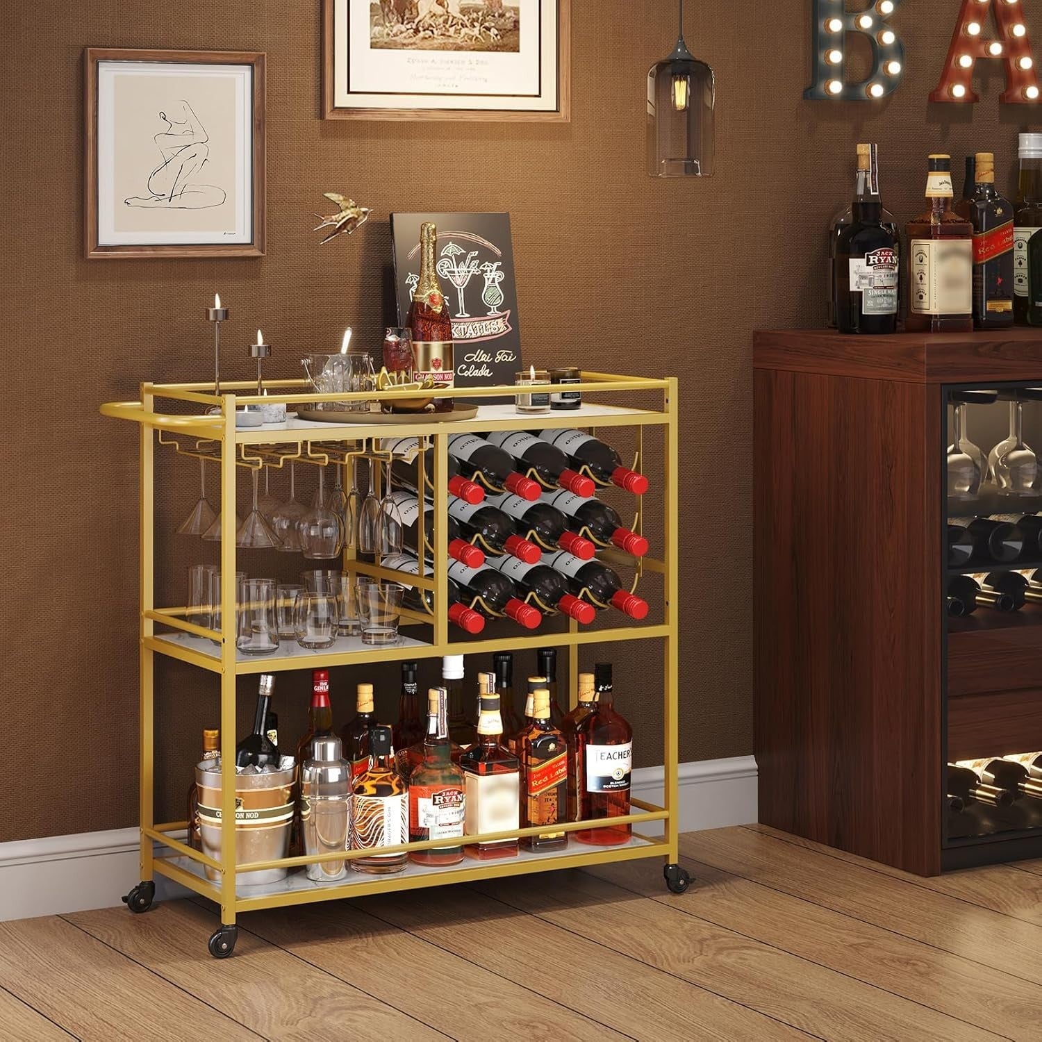 Gold Drinks Trolley 3 Tier Bar Cart with Wine Rack & Glass Holder Lockable Wheel