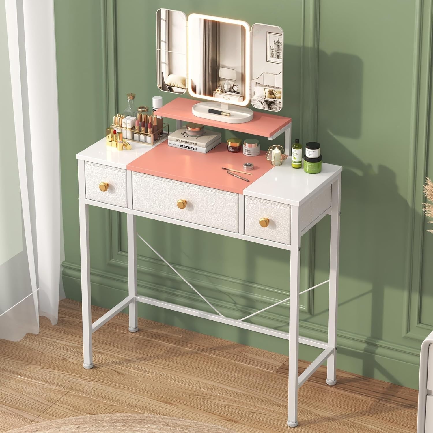 Vanity Dressing Table Desk 3-Fold Mirror LED Light 3 Drawers Pink White Wood