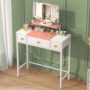 Vanity Dressing Table Desk 3-Fold Mirror LED Light 3 Drawers Pink White Wood