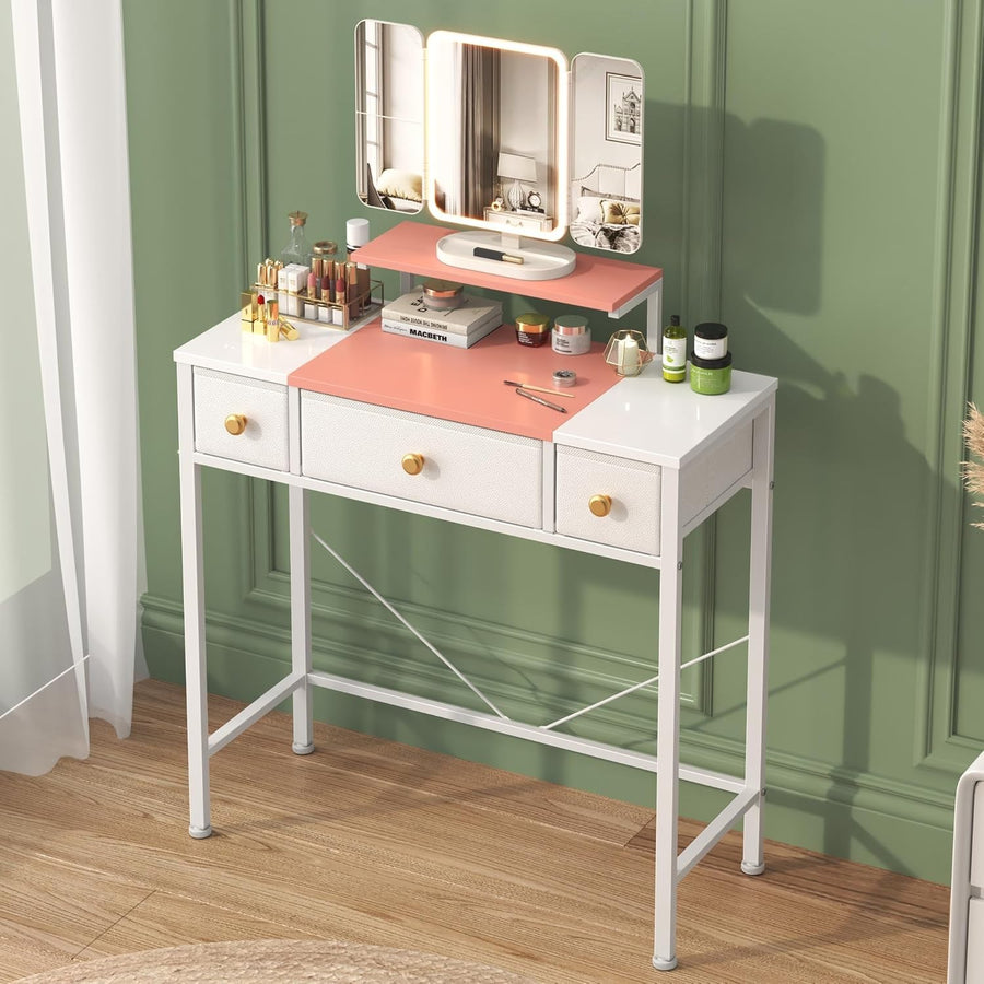Vanity Dressing Table Desk 3-Fold Mirror LED Light 3 Drawers Pink White Wood