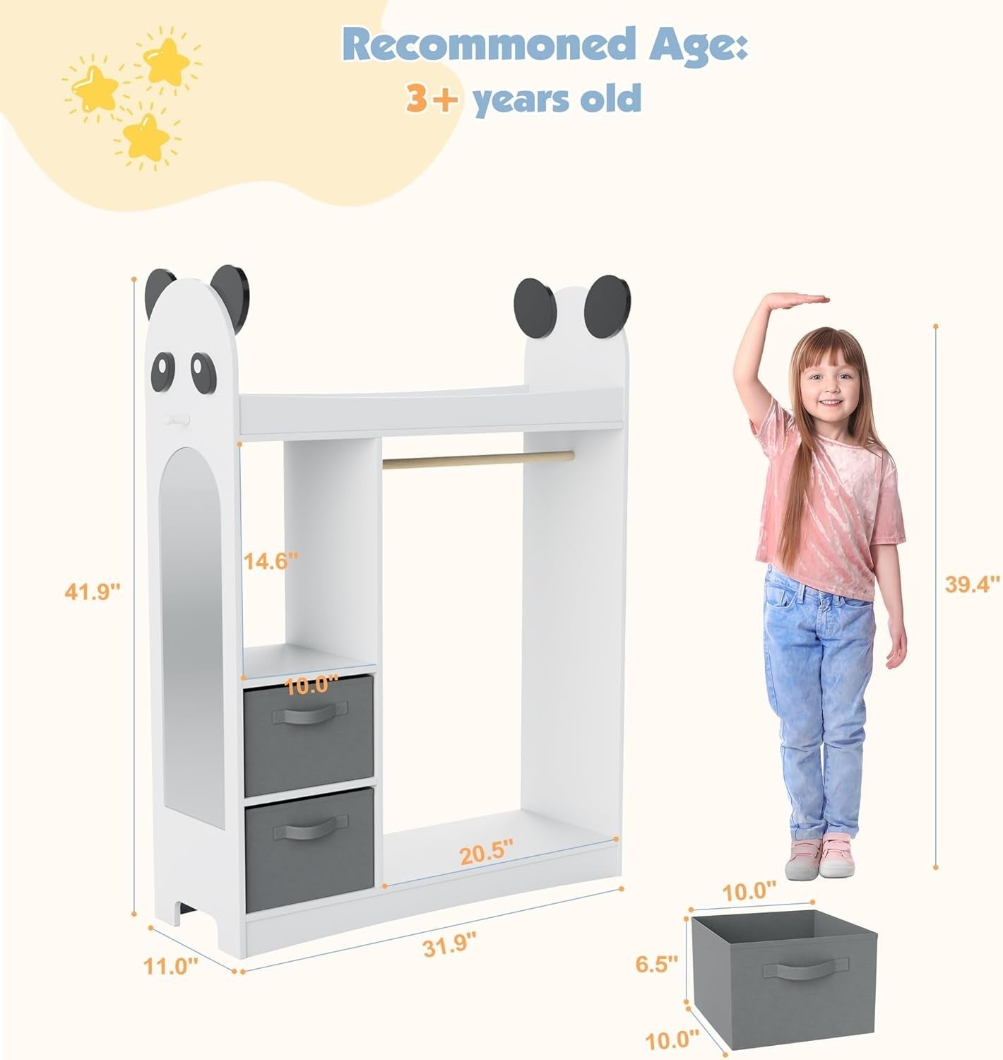 Kids Dress Up Wardrobe with Mirror, Hanging Rail & 2 Drawers for Clothes