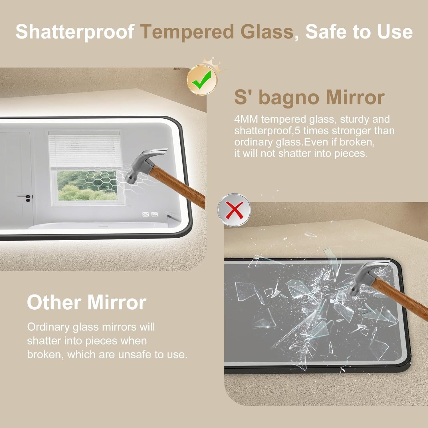 LED Bathroom Mirror 80x60cm Anti-Fog, Dimmable, Waterproof, Memory Function