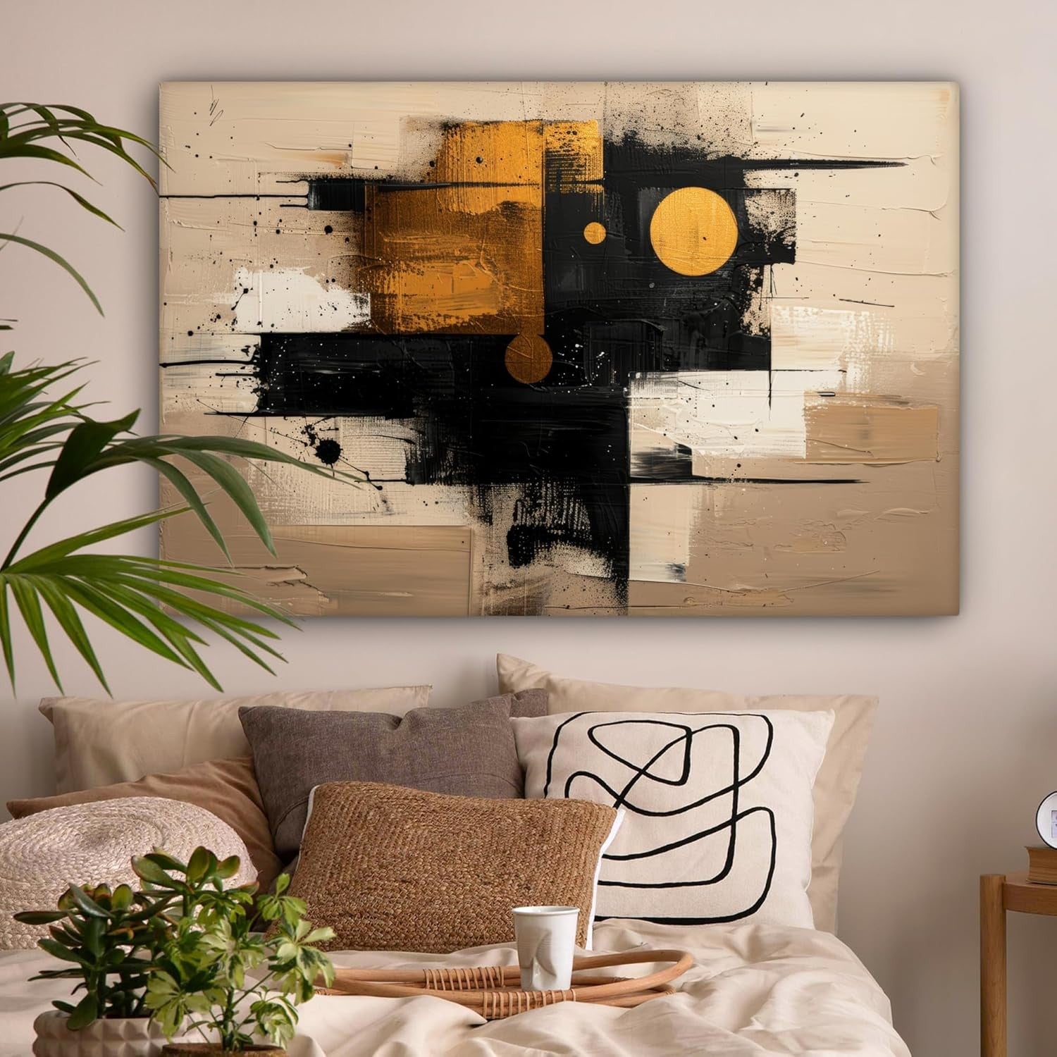 Large Abstract Beige Gold Canvas Wall Art 120x80cm Modern Living Room