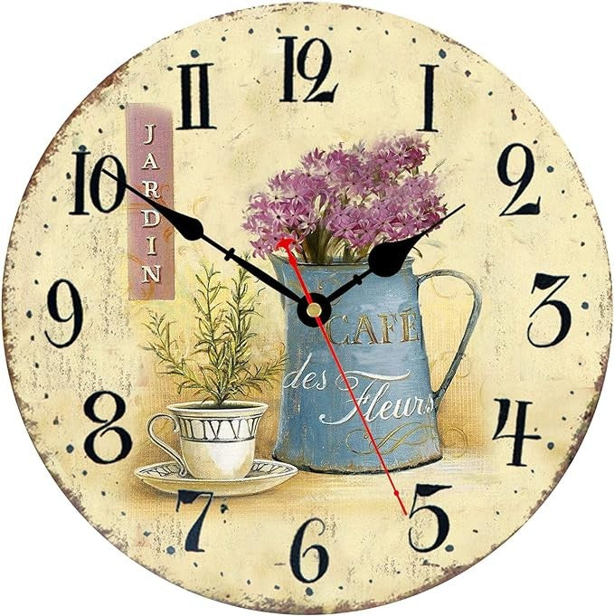 Vintage 14in Wooden Wall Clock Silent Quartz Café Flowers Rustic Home Decor