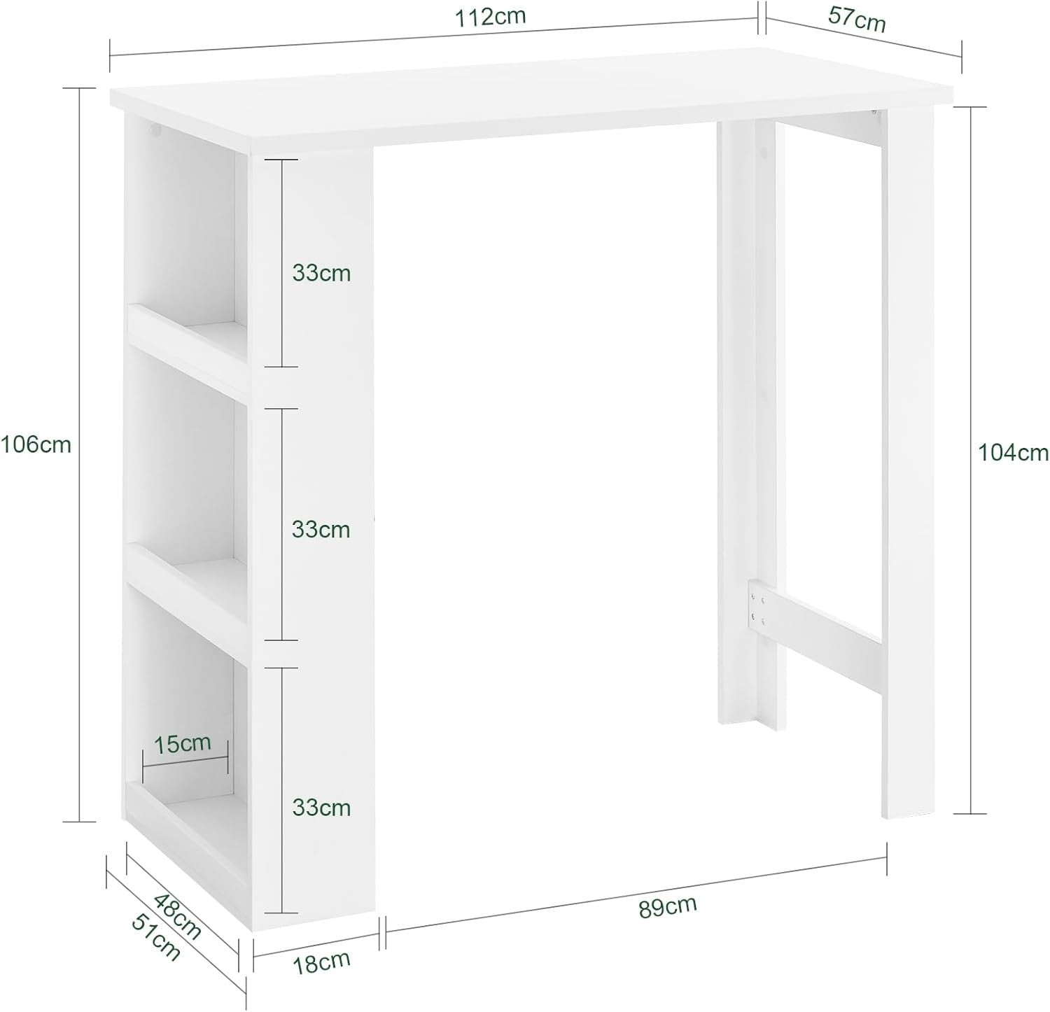 White Breakfast Bar Table with 3-Tier Storage Shelves Modern Dining Desk