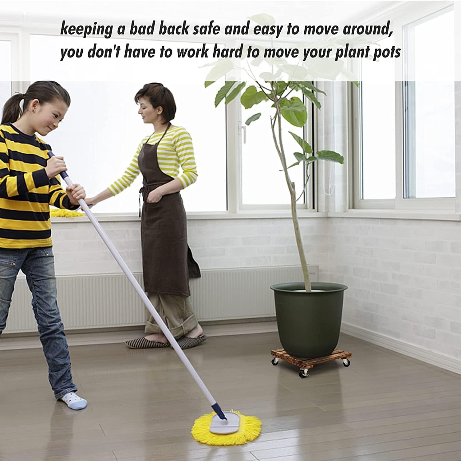 2 Pack Wooden Plant Caddy with Wheels Heavy Duty Rolling Stand 30cm Indoor