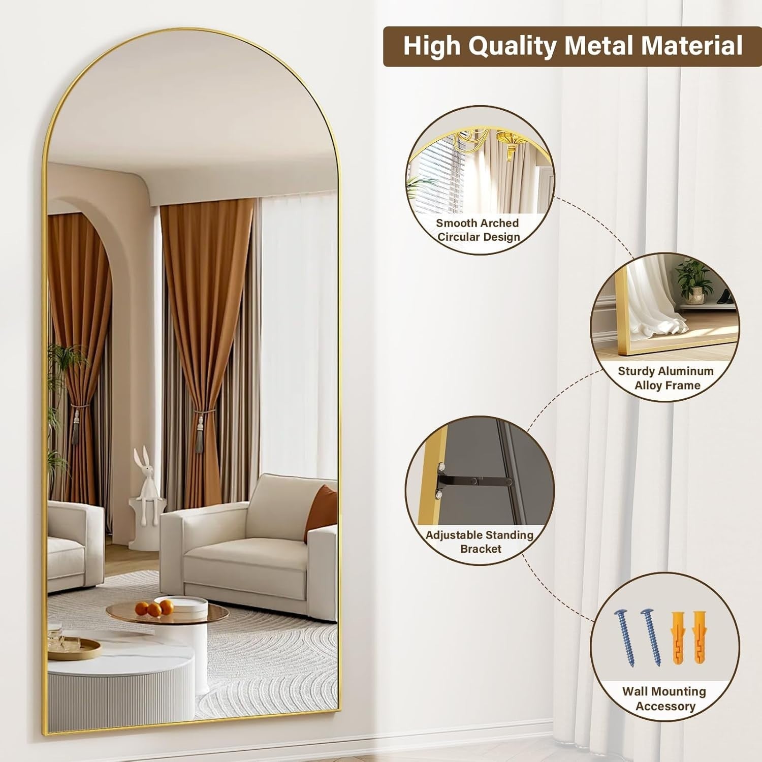 Arched Full Length Mirror 165x60cm Wall Standing Gold Frame, Shatterproof