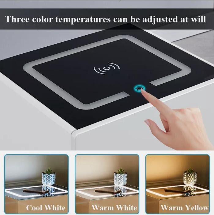 Modern LED Bedside Table with Wireless Charging, 3 Drawers, MDF, 50cm