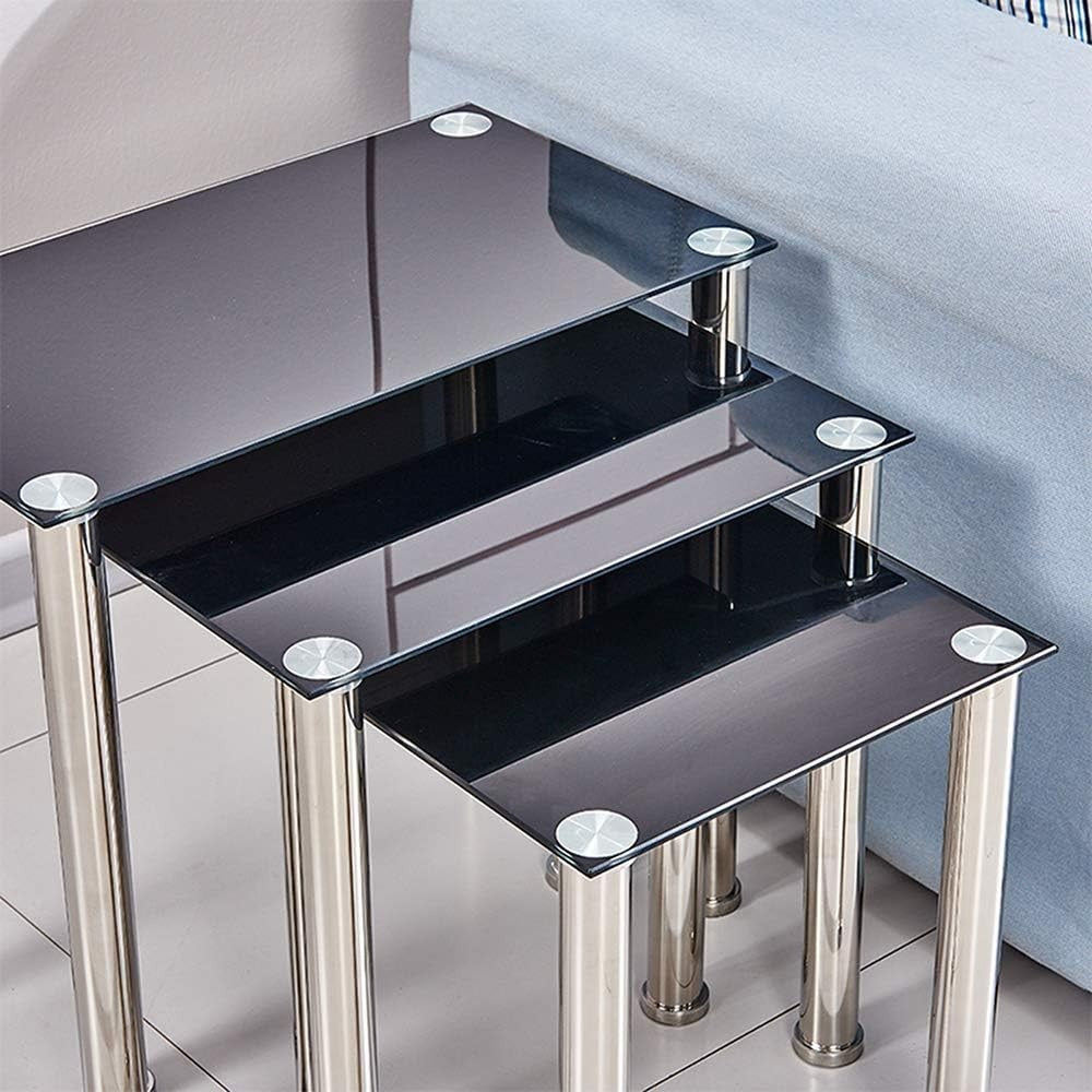 Nest of 3 Modern Coffee Table Set Rectangular Glass Top Chrome Metal Legs Black