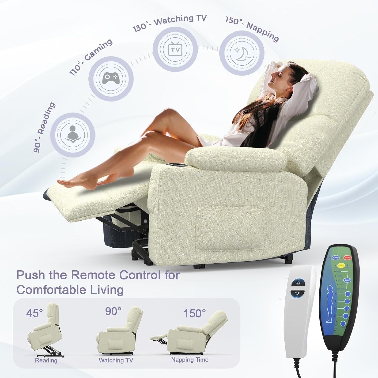 Electric Lift Recliner Chair Oversized Massage Heat USB Type-C Cream Armchair