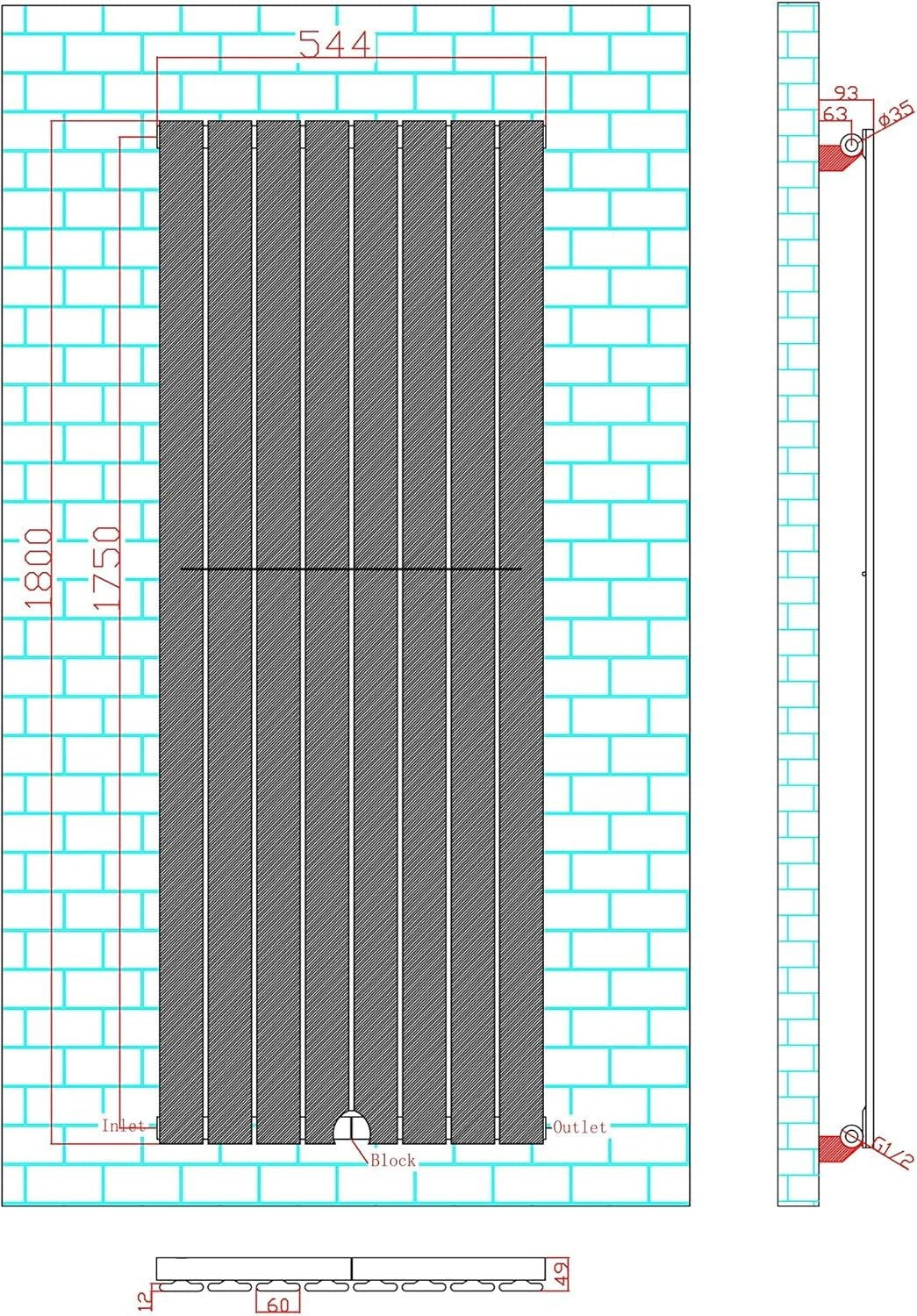 Designer Flat Panel Radiator 1800x544mm Anthracite Wall Heater