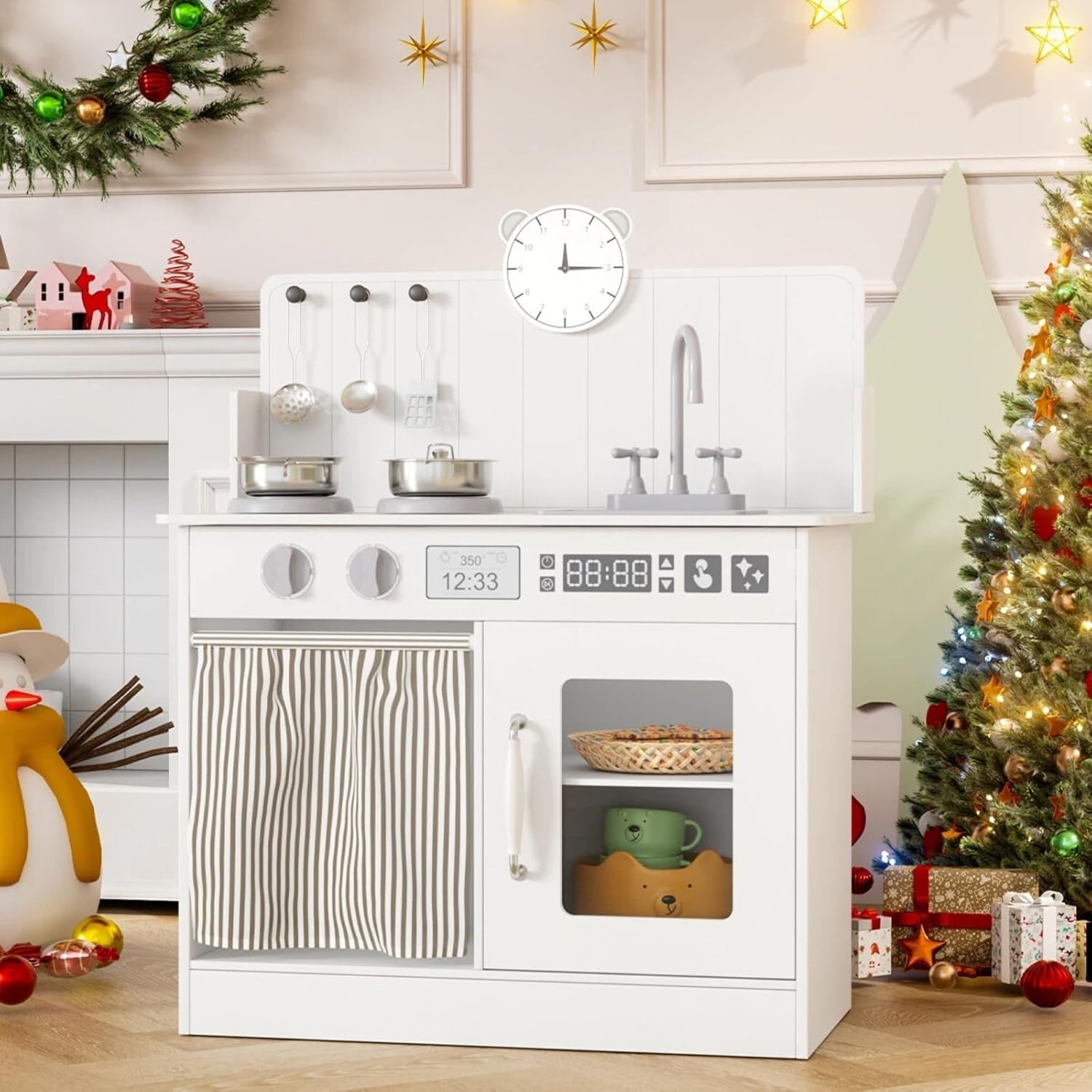 Wooden Kids Play Kitchen White Cooker Sink Toy Set w Storage & Clock