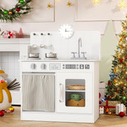 Wooden Kids Play Kitchen White Cooker Sink Toy Set w Storage & Clock