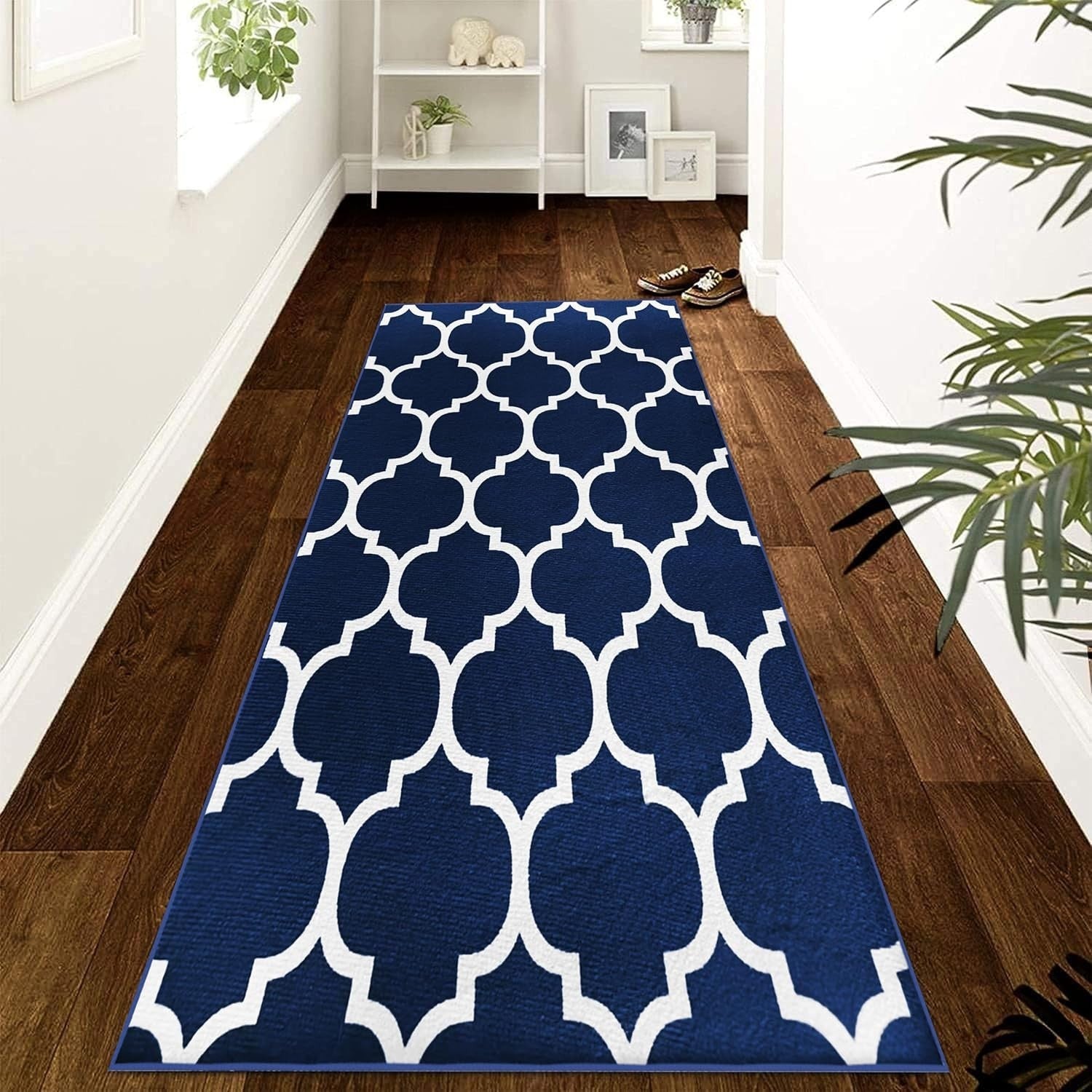 Navy Blue Runner Rug 80x300cm Non Slip Hallway Low Pile Geometric Carpet