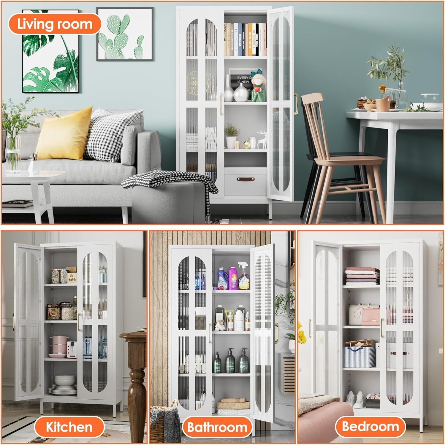 White Metal Storage Cabinet 2 Glass Doors Adjustable Shelves 155H