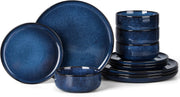 12pc Stoneware Dinner Set Midnight Blue Plates Bowls Reactive Glaze