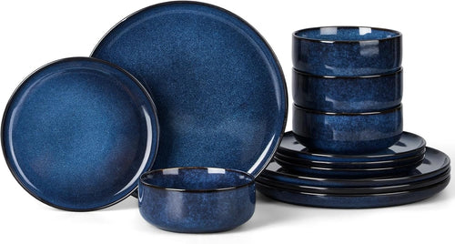 12pc Stoneware Dinner Set Midnight Blue Plates Bowls Reactive Glaze