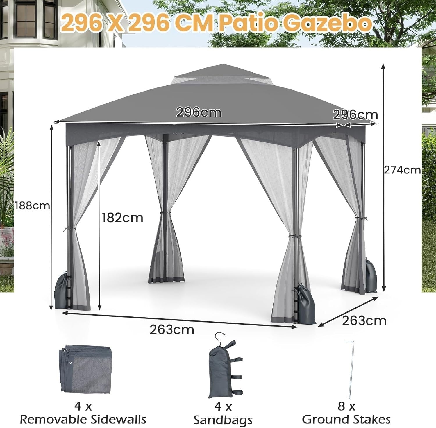 3x3M Garden Gazebo Double Roof Patio Tent With Netting & Sandbags Grey