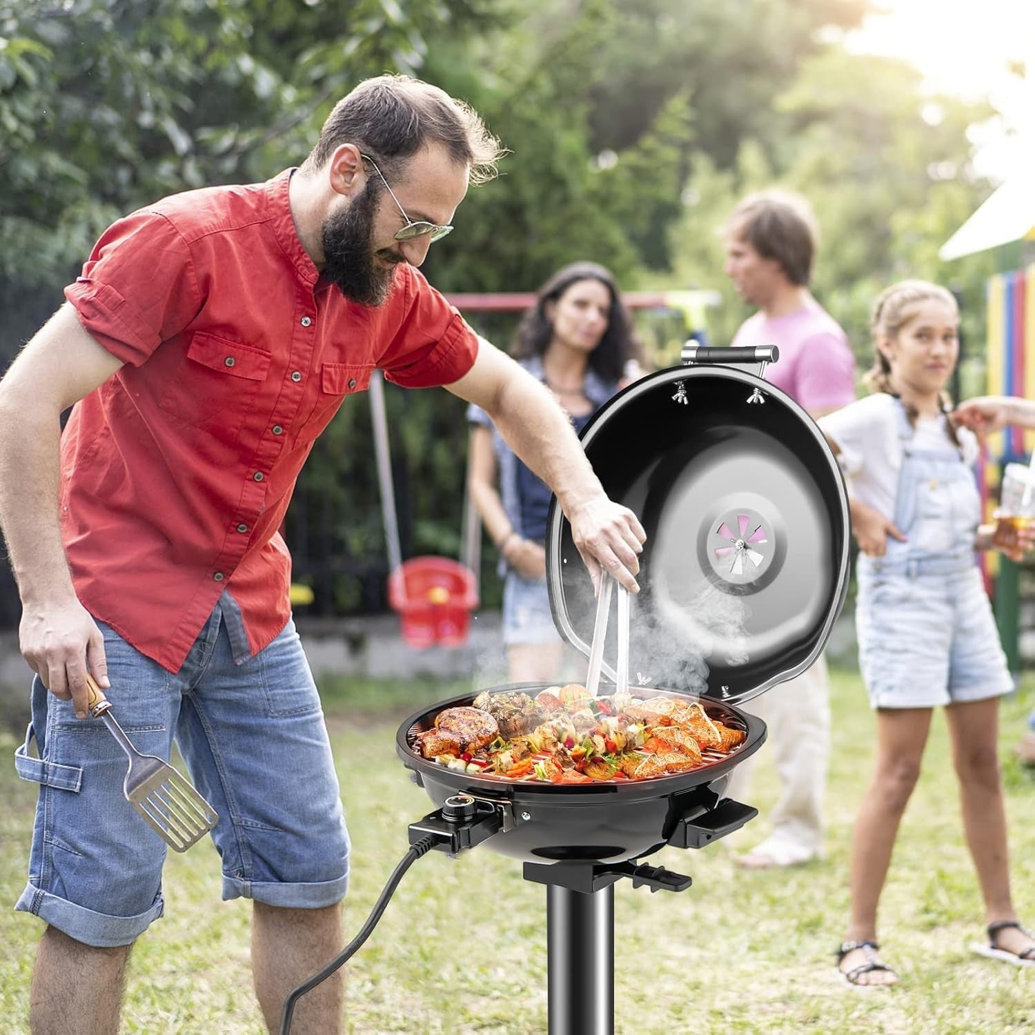 1600W Electric BBQ Grill with Stand | Non-Stick Rack, Adjustable Temp