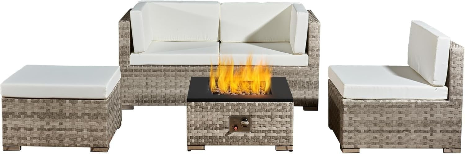 Outdoor Rattan Garden Sofa Set 4-Seater L-Shape Patio with Cushions & Table