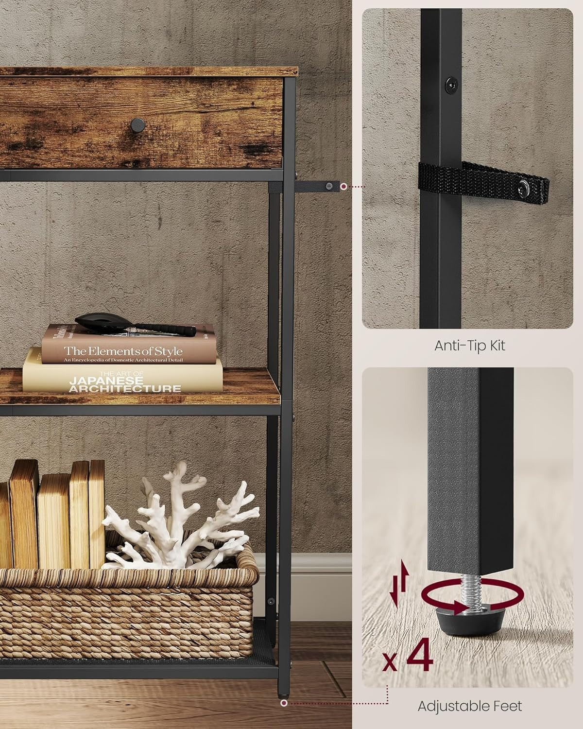 Narrow Console Table with 2 Fabric Drawers & 3-Tier Shelves – Rustic