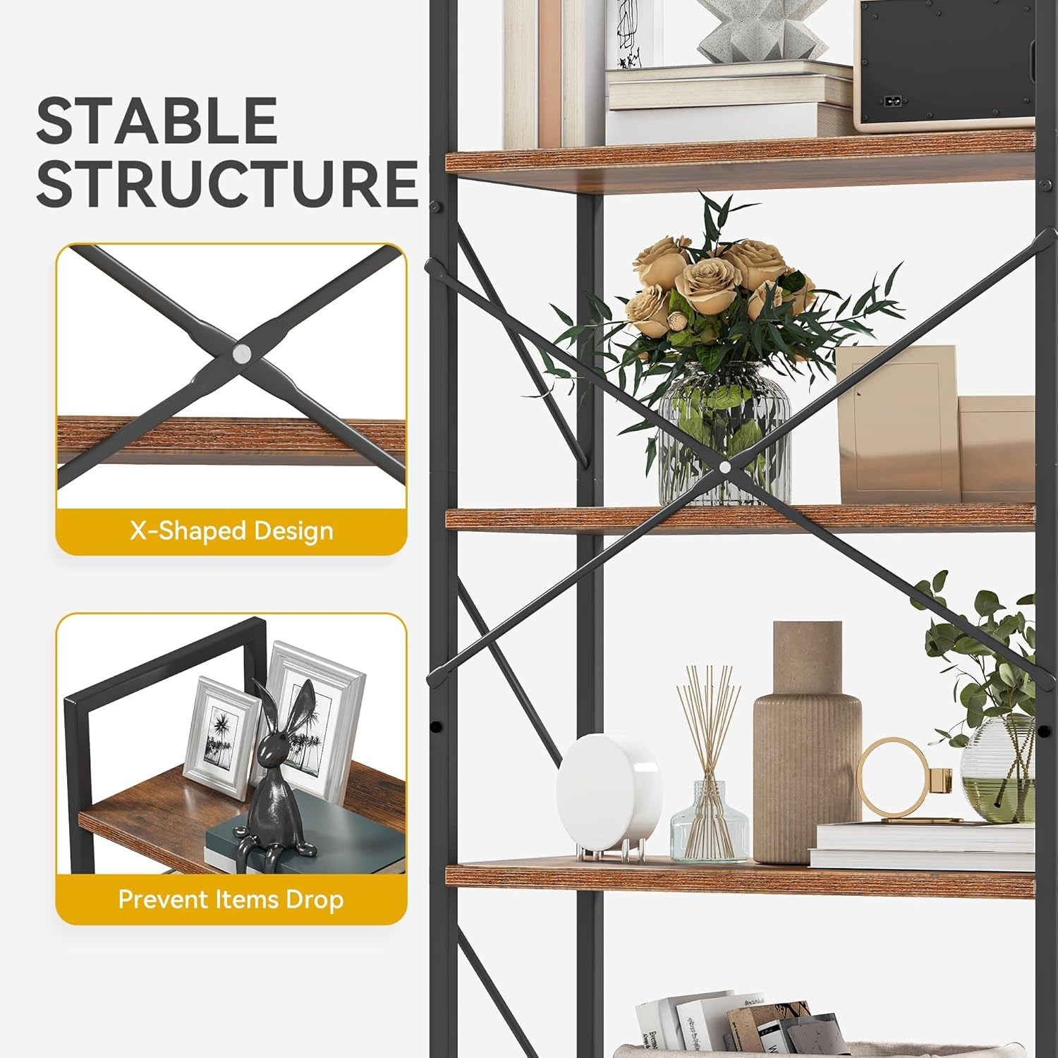 Rustic Brown 5-Tier Industrial Bookshelf Metal Frame Wood Storage Shelving