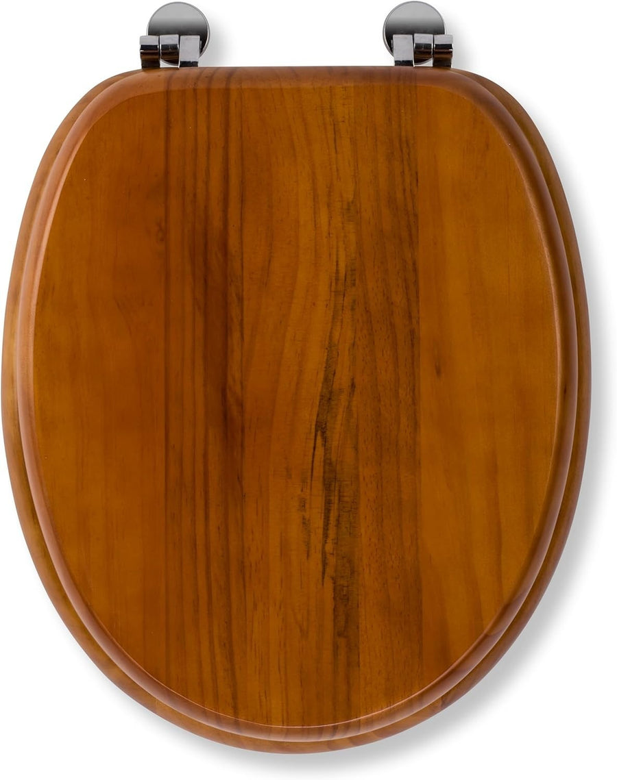 Solid Pine Toilet Seat Wooden Oval Adjustable Hinges Chrome Fixings 48x38x7cm