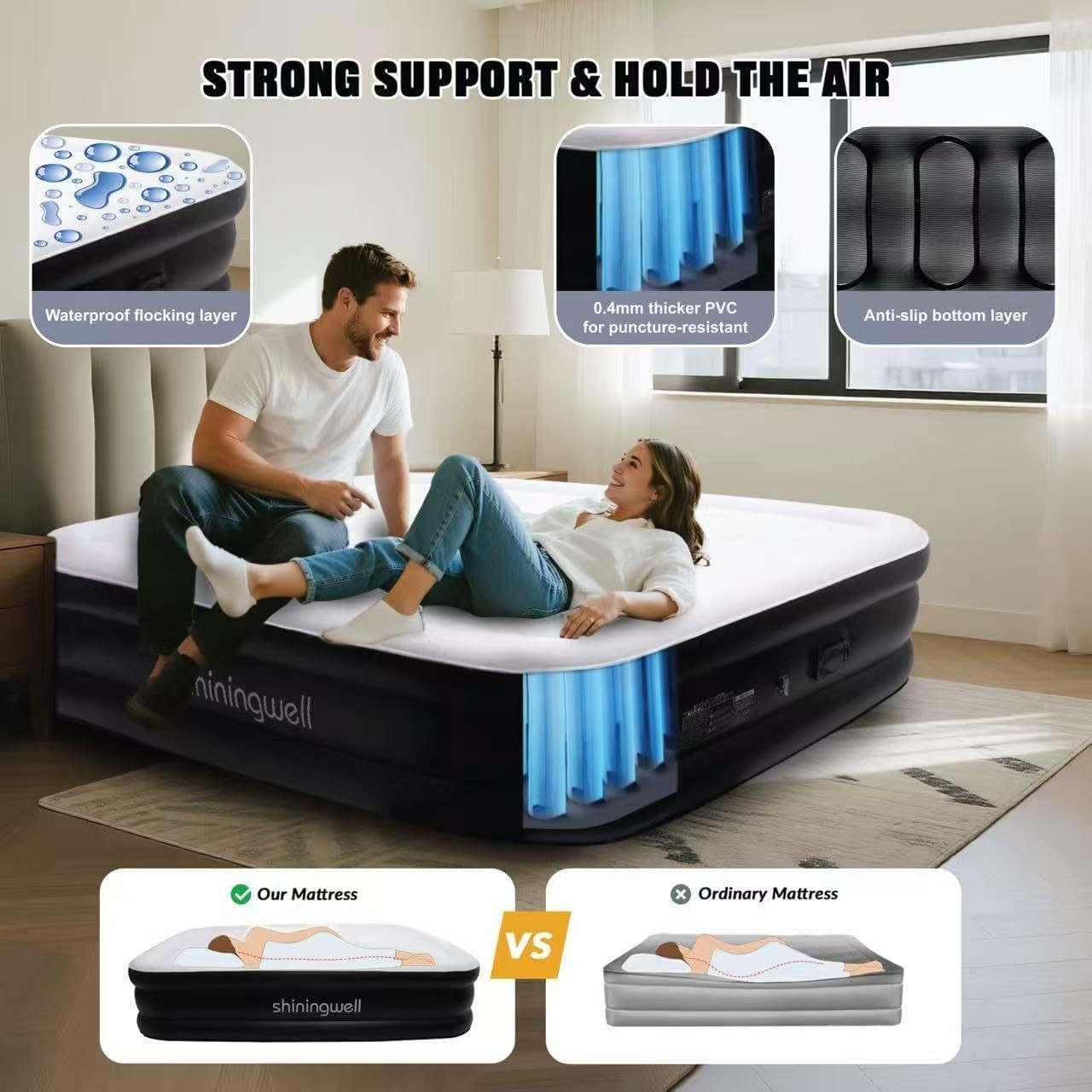 Double Air Mattress with Built-In Pump, Flocked Surface & Carry Bag