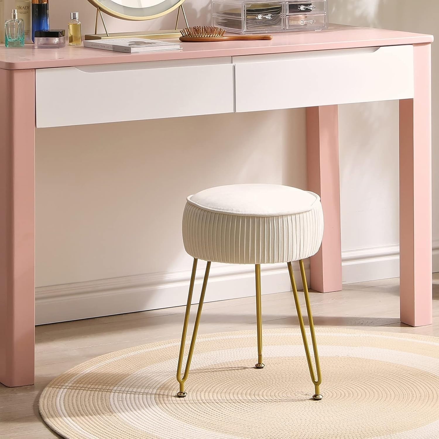 Cream Velvet Round Footrest Ottoman – Vanity Stool with Golden Steel Legs