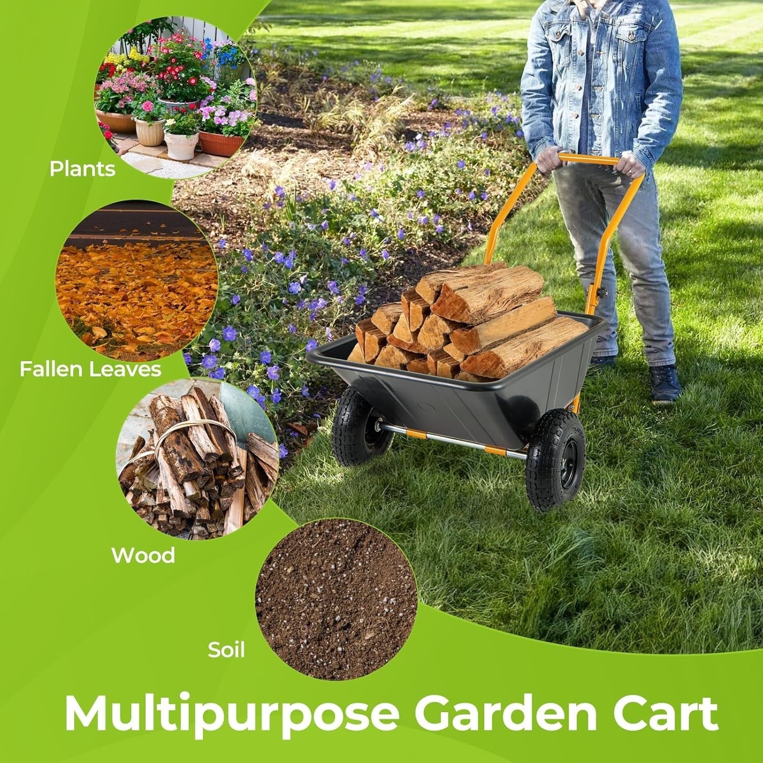 80L 2-Wheel Wheelbarrow Black+Yellow – Pneumatic Tyres w/ Adj Handle 100kg Cap