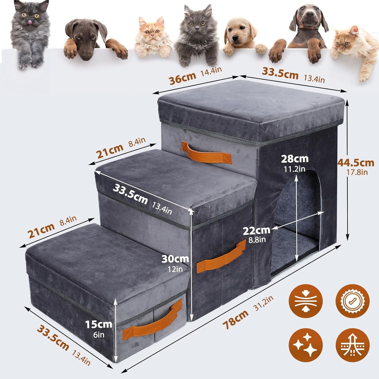 Foldable Dog Steps for Sofa with Storage Non Slip 3 Tier Grey