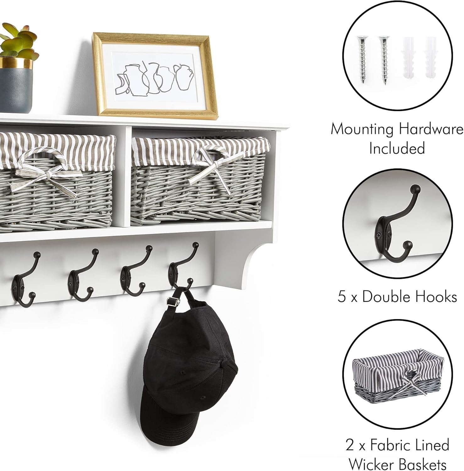 White Wall Mounted Coat Rack Shelf | 2 Wicker Baskets & 5 Hooks Hallway Unit