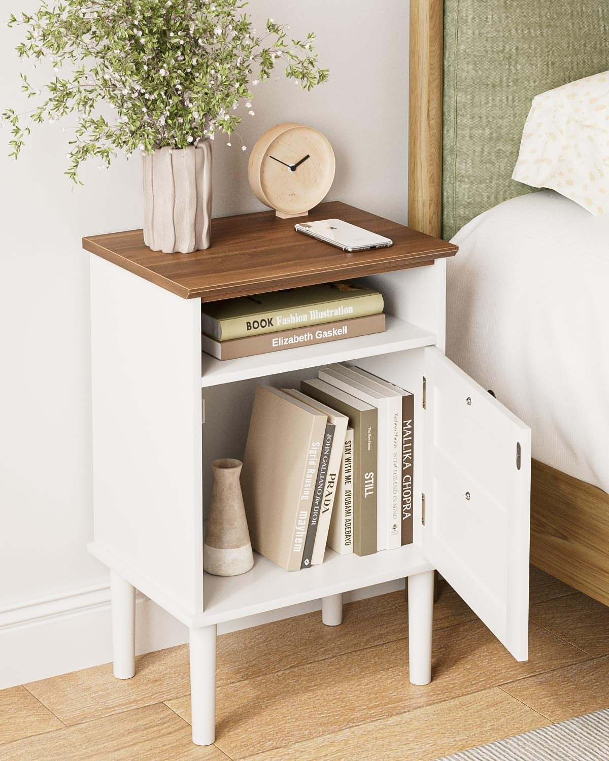 Wooden Bedside Table with Door & Shelf – White Farmhouse Nightstand 39x29x60cm
