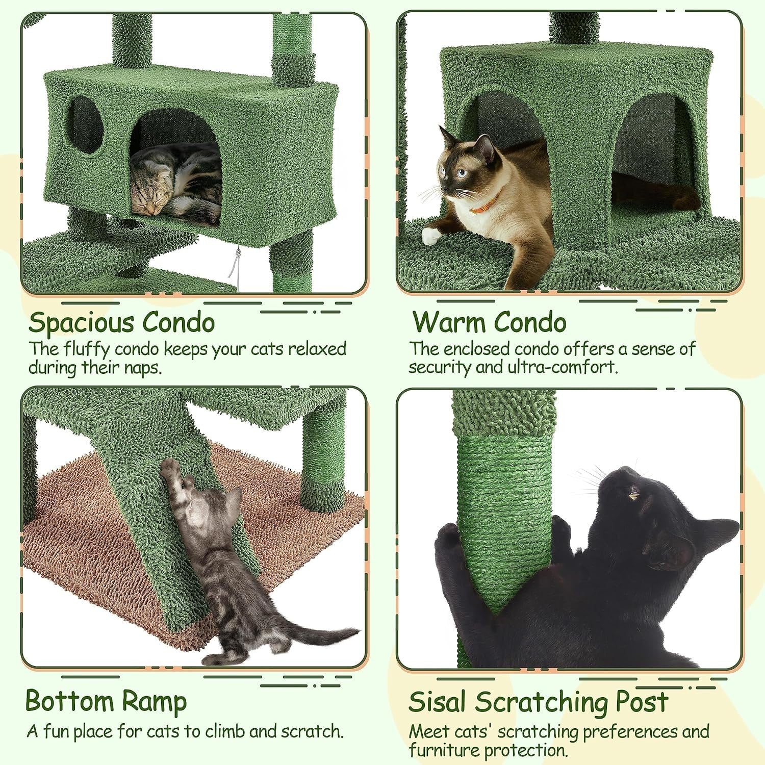138cm Green Cactus Cat Tree Tower with Condo Scratching Posts Play Centre
