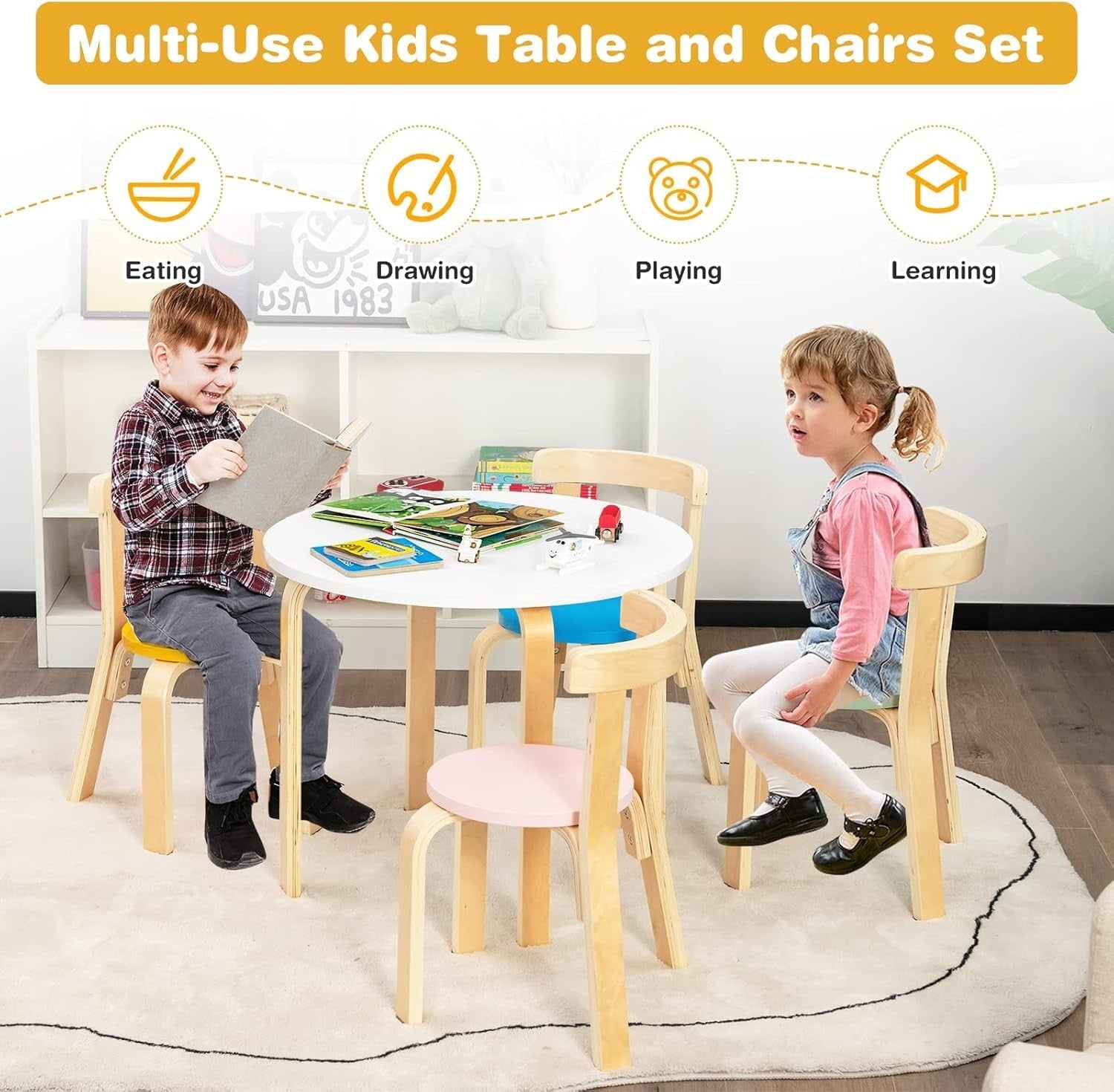 Kids 5-Piece Table & Chair Set, Wooden Activity Furniture for Play & Learning