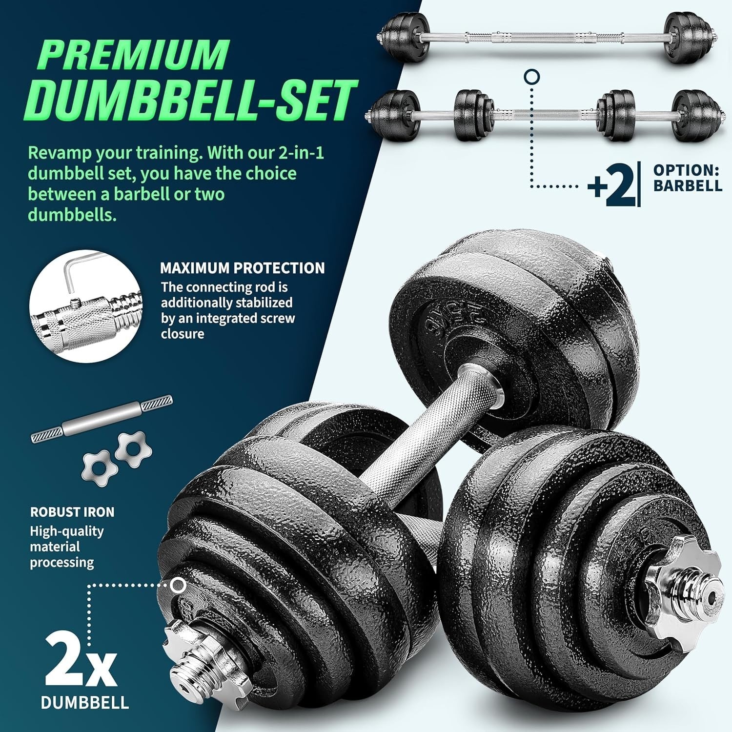 30KG Adjustable Dumbbell & Barbell Set 2-in-1 Spinlock Home Gym Weights